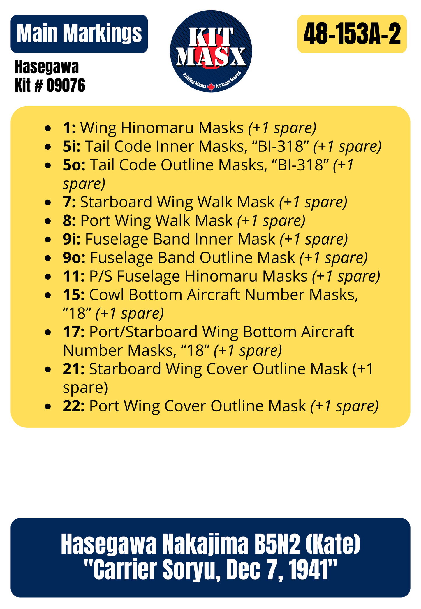 Hasegawa Nakajima B5N2 (Kate) "Carrier Soryu, Dec 7, 1941" 1/48 All-in-One Master Mask Set, Kit # 09076