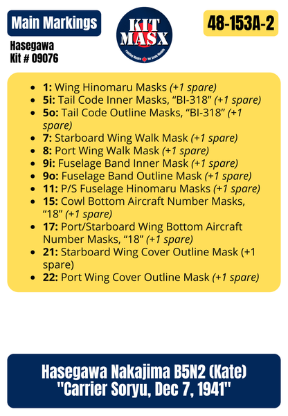 Hasegawa Nakajima B5N2 (Kate) "Carrier Soryu, Dec 7, 1941" 1/48 All-in-One Master Mask Set, Kit # 09076