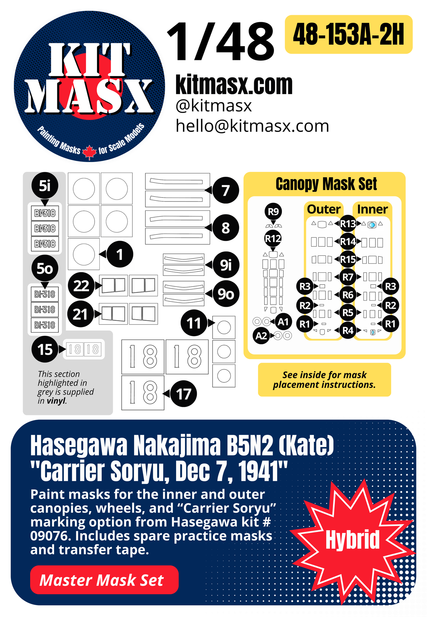 Hasegawa Nakajima B5N2 (Kate) "Carrier Soryu, Dec 7, 1941" 1/48 All-in-One Master Mask Set, Kit # 09076