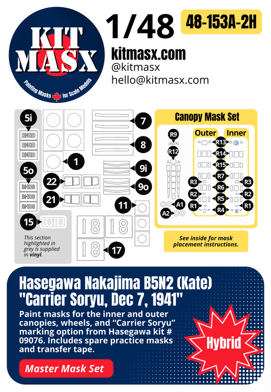 Hasegawa Nakajima B5N2 (Kate) "Carrier Soryu, Dec 7, 1941" 1/48 All-in-One Master Mask Set, Kit # 09076