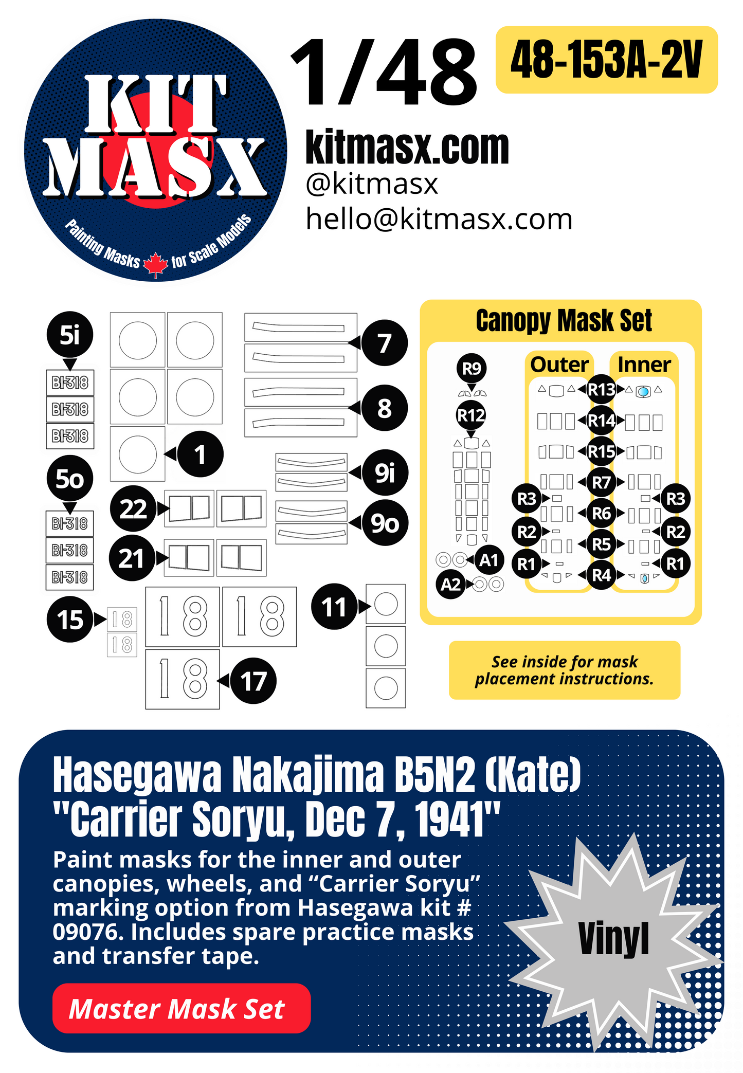 Hasegawa Nakajima B5N2 (Kate) "Carrier Soryu, Dec 7, 1941" 1/48 All-in-One Master Mask Set, Kit # 09076