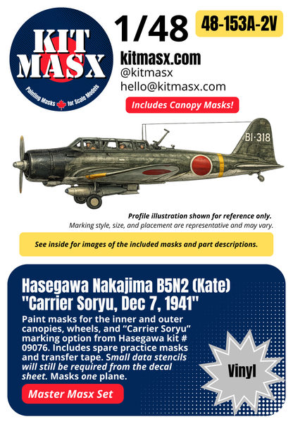 Hasegawa Nakajima B5N2 (Kate) "Carrier Soryu, Dec 7, 1941" 1/48 All-in-One Master Mask Set, Kit # 09076