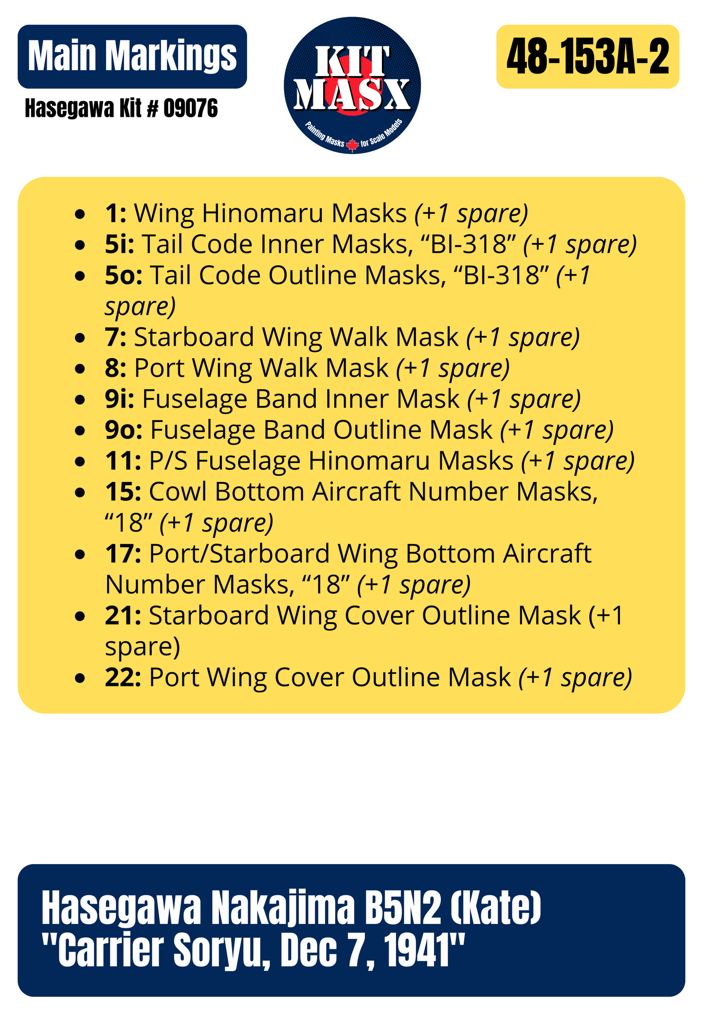 Hasegawa Nakajima B5N2 (Kate) "Carrier Soryu, Dec 7, 1941" 1/48 All-in-One Master Mask Set, Kit # 09076