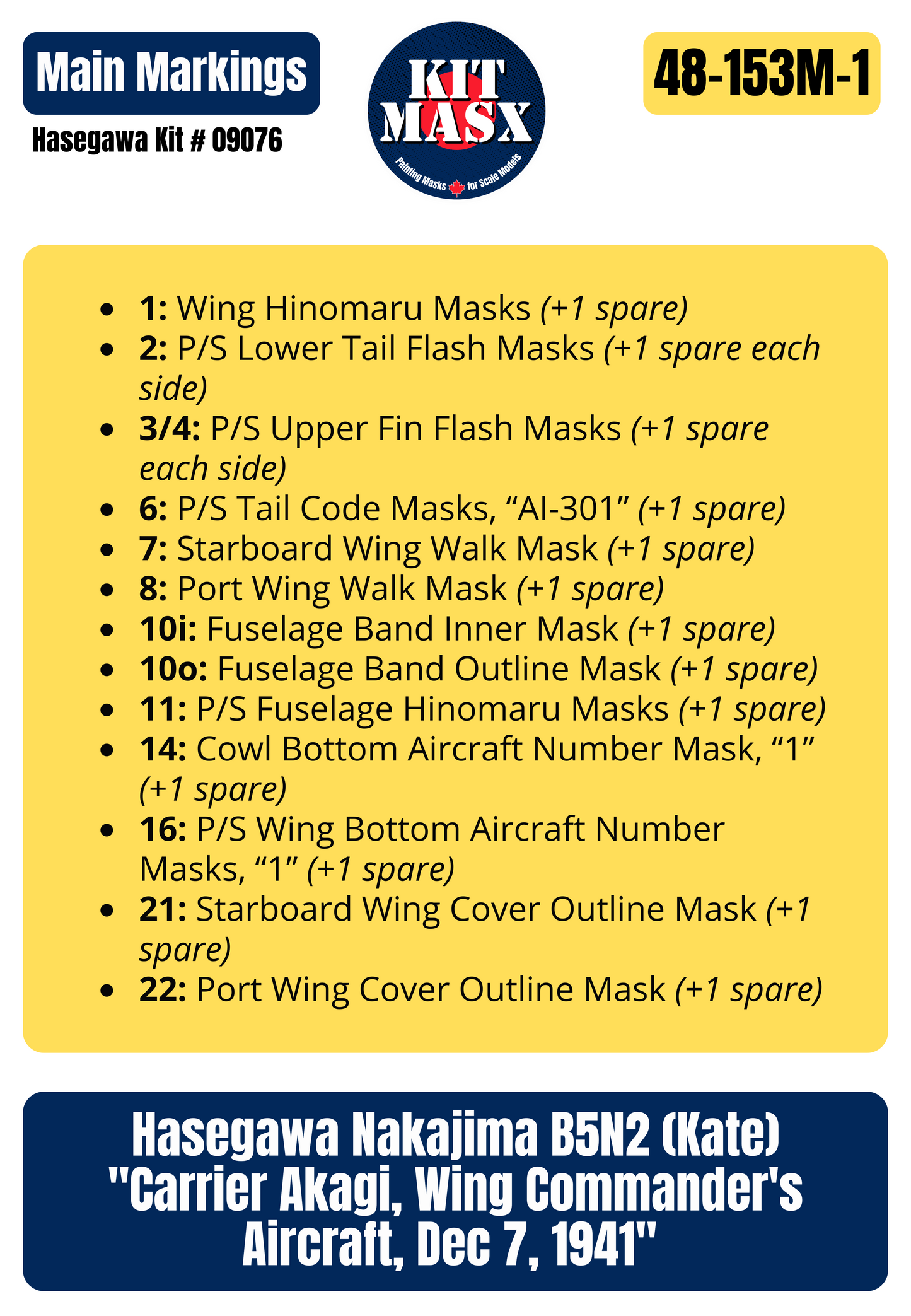 Hasegawa Nakajima B5N2 (Kate) "Carrier Akagi, Wing Commander's Aircraft, Dec 7, 1941" 1/48 Main Marking Paint Masks, Kit # 09076