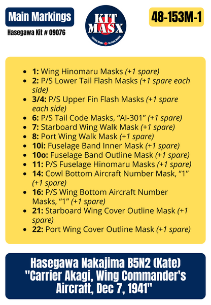 Hasegawa Nakajima B5N2 (Kate) "Carrier Akagi, Wing Commander's Aircraft, Dec 7, 1941" 1/48 Main Marking Paint Masks, Kit # 09076