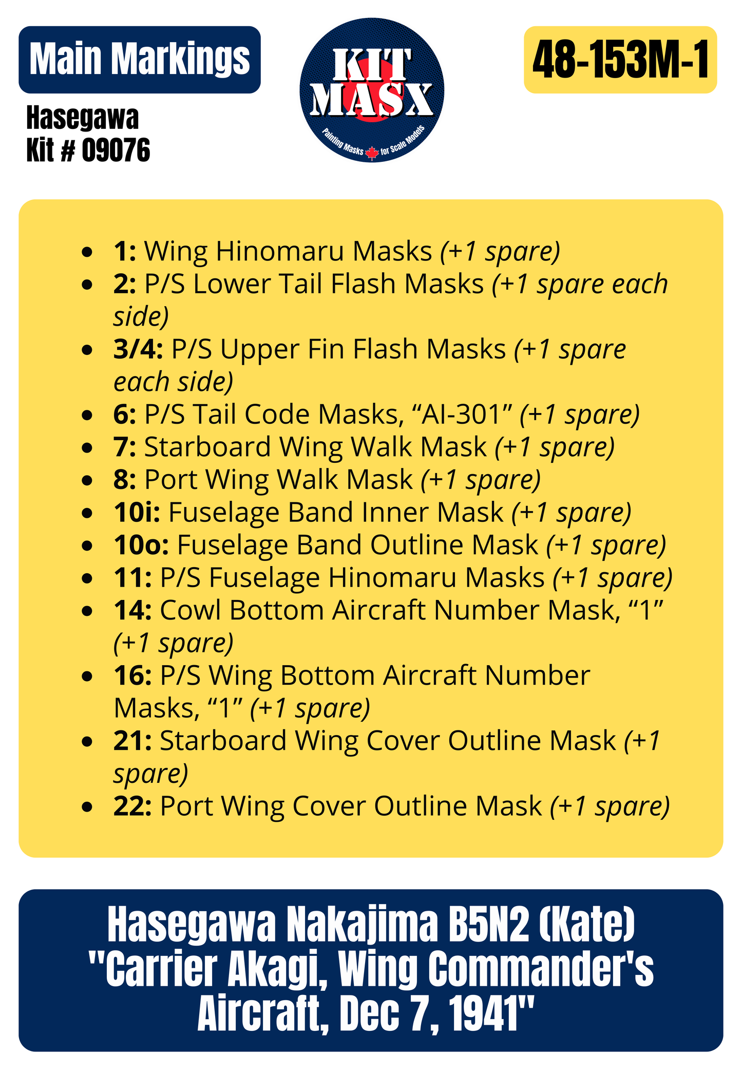 Hasegawa Nakajima B5N2 (Kate) "Carrier Akagi, Wing Commander's Aircraft, Dec 7, 1941" 1/48 Main Marking Paint Masks, Kit # 09076