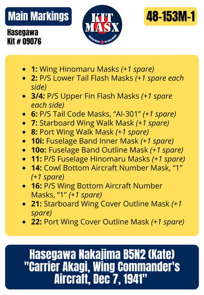 Hasegawa Nakajima B5N2 (Kate) "Carrier Akagi, Wing Commander's Aircraft, Dec 7, 1941" 1/48 Main Marking Paint Masks, Kit # 09076