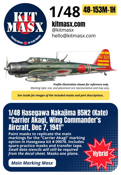 Hasegawa Nakajima B5N2 (Kate) "Carrier Akagi, Wing Commander's Aircraft, Dec 7, 1941" 1/48 Main Marking Paint Masks, Kit # 09076