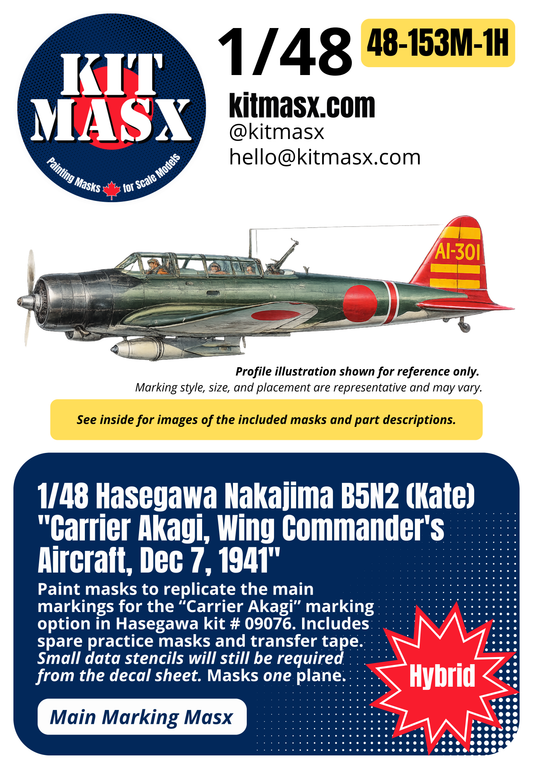 Hasegawa Nakajima B5N2 (Kate) "Carrier Akagi, Wing Commander's Aircraft, Dec 7, 1941" 1/48 Main Marking Paint Masks, Kit # 09076