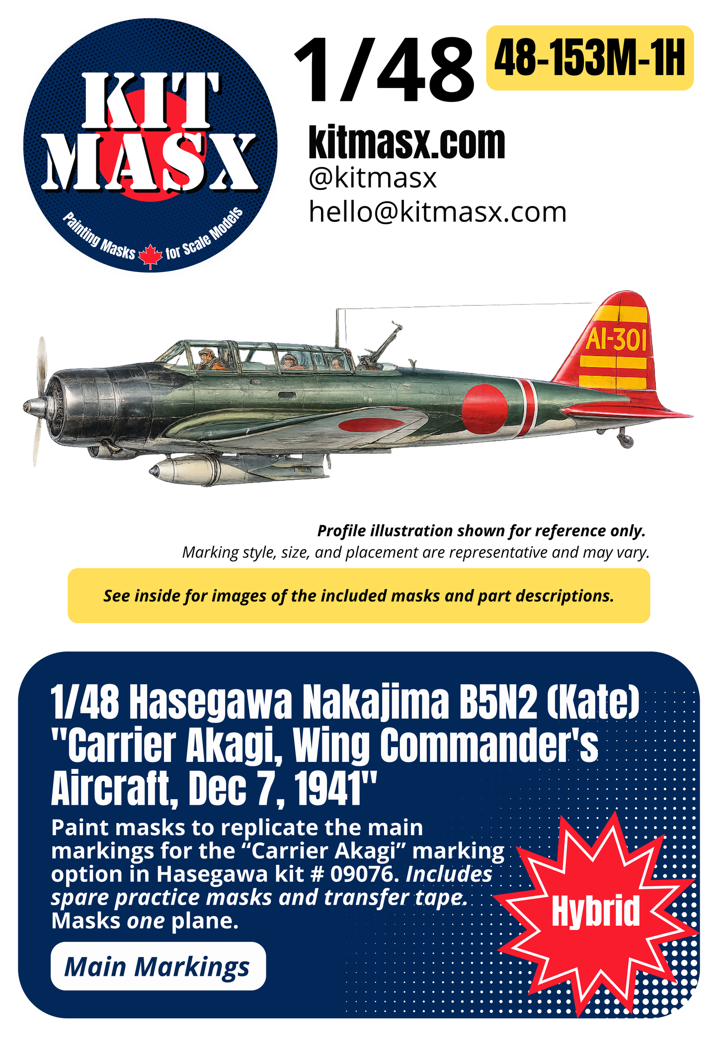Hasegawa Nakajima B5N2 (Kate) "Carrier Akagi, Wing Commander's Aircraft, Dec 7, 1941" 1/48 Main Marking Paint Masks, Kit # 09076