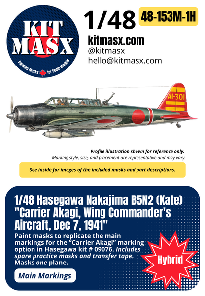 Hasegawa Nakajima B5N2 (Kate) "Carrier Akagi, Wing Commander's Aircraft, Dec 7, 1941" 1/48 Main Marking Paint Masks, Kit # 09076