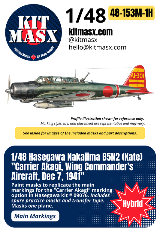 Hasegawa Nakajima B5N2 (Kate) "Carrier Akagi, Wing Commander's Aircraft, Dec 7, 1941" 1/48 Main Marking Paint Masks, Kit # 09076