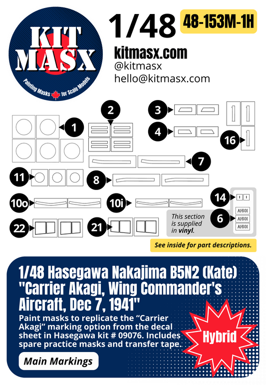 Hasegawa Nakajima B5N2 (Kate) "Carrier Akagi, Wing Commander's Aircraft, Dec 7, 1941" 1/48 Main Marking Paint Masks, Kit # 09076
