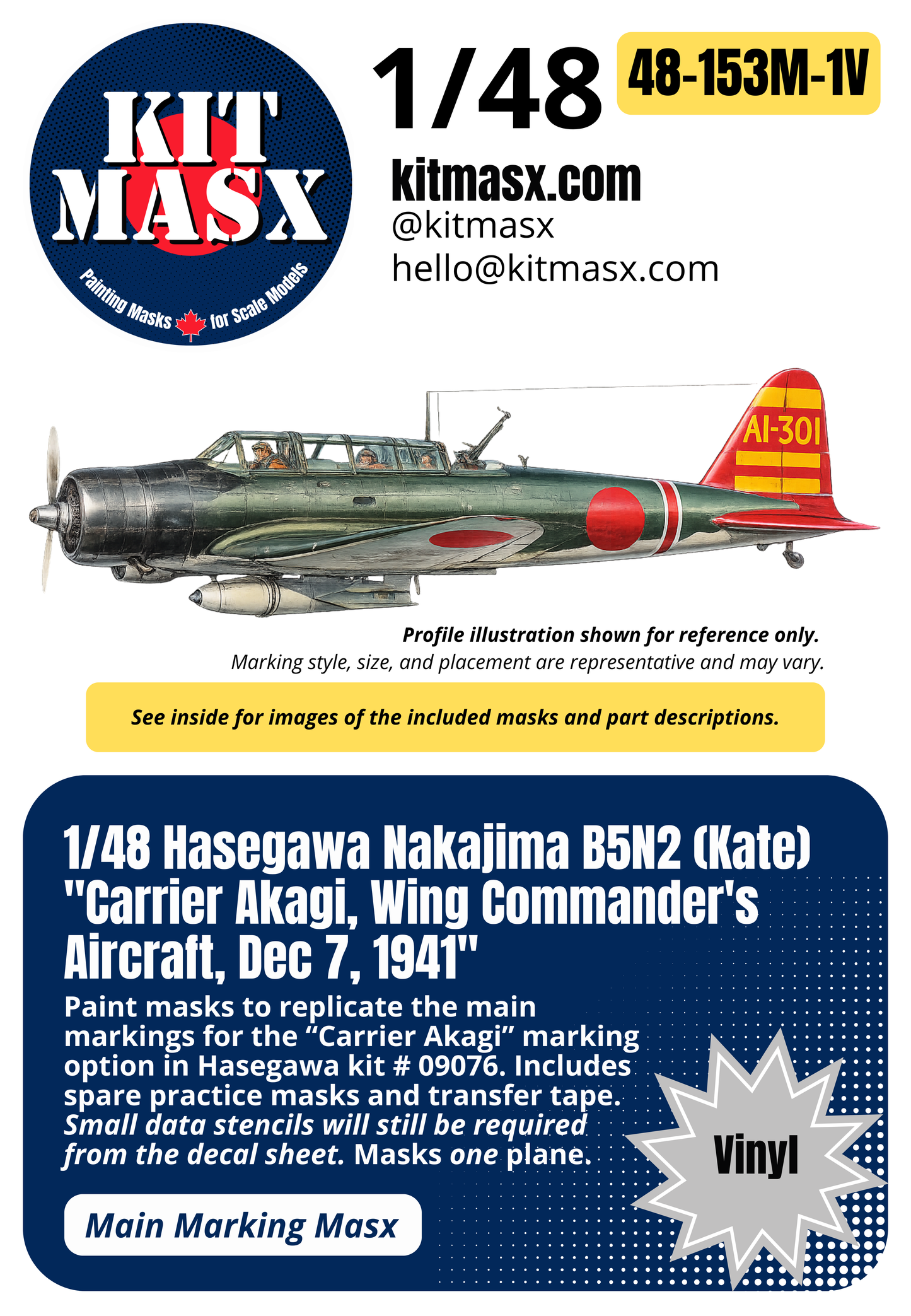 Hasegawa Nakajima B5N2 (Kate) "Carrier Akagi, Wing Commander's Aircraft, Dec 7, 1941" 1/48 Main Marking Paint Masks, Kit # 09076