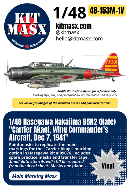 Hasegawa Nakajima B5N2 (Kate) "Carrier Akagi, Wing Commander's Aircraft, Dec 7, 1941" 1/48 Main Marking Paint Masks, Kit # 09076