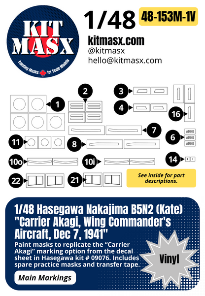 Hasegawa Nakajima B5N2 (Kate) "Carrier Akagi, Wing Commander's Aircraft, Dec 7, 1941" 1/48 Main Marking Paint Masks, Kit # 09076