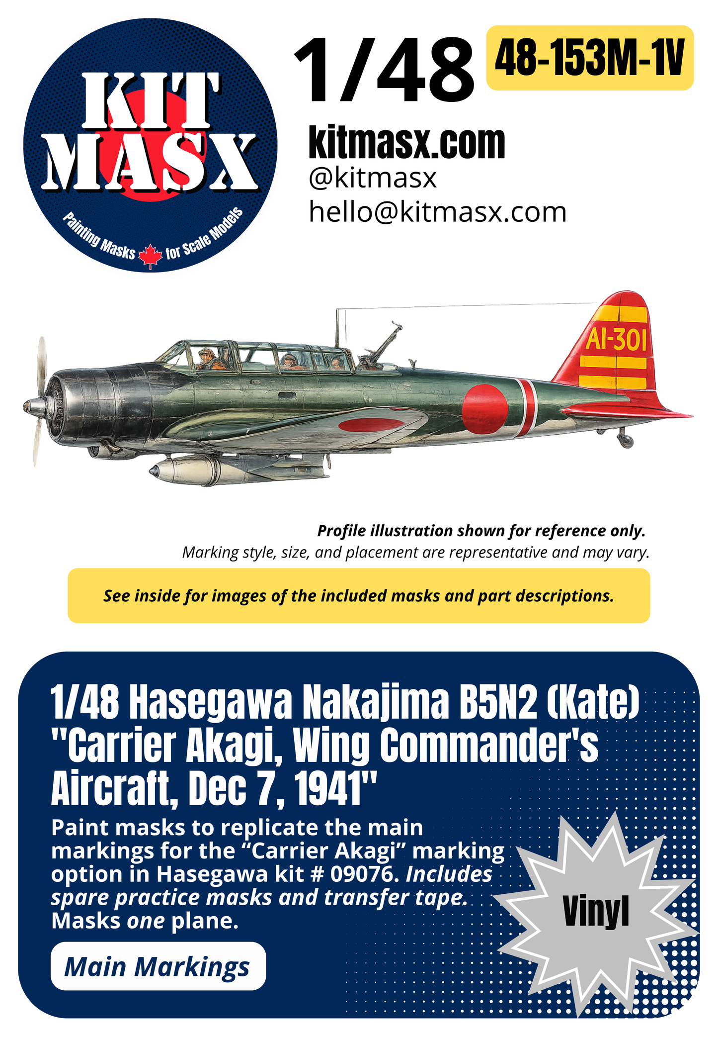 Hasegawa Nakajima B5N2 (Kate) "Carrier Akagi, Wing Commander's Aircraft, Dec 7, 1941" 1/48 Main Marking Paint Masks, Kit # 09076