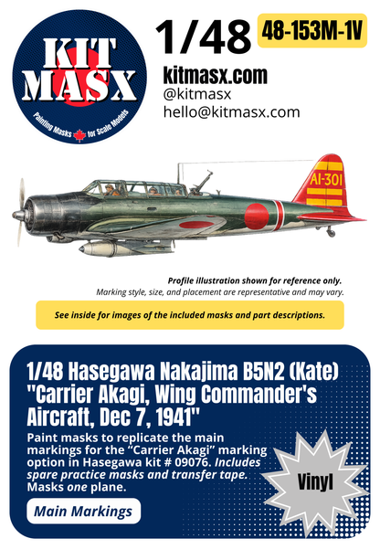 Hasegawa Nakajima B5N2 (Kate) "Carrier Akagi, Wing Commander's Aircraft, Dec 7, 1941" 1/48 Main Marking Paint Masks, Kit # 09076