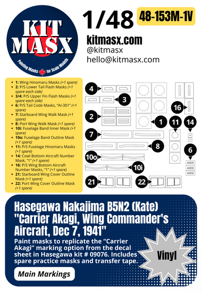 Hasegawa Nakajima B5N2 (Kate) "Carrier Akagi, Wing Commander's Aircraft, Dec 7, 1941" 1/48 Main Marking Paint Masks, Kit # 09076