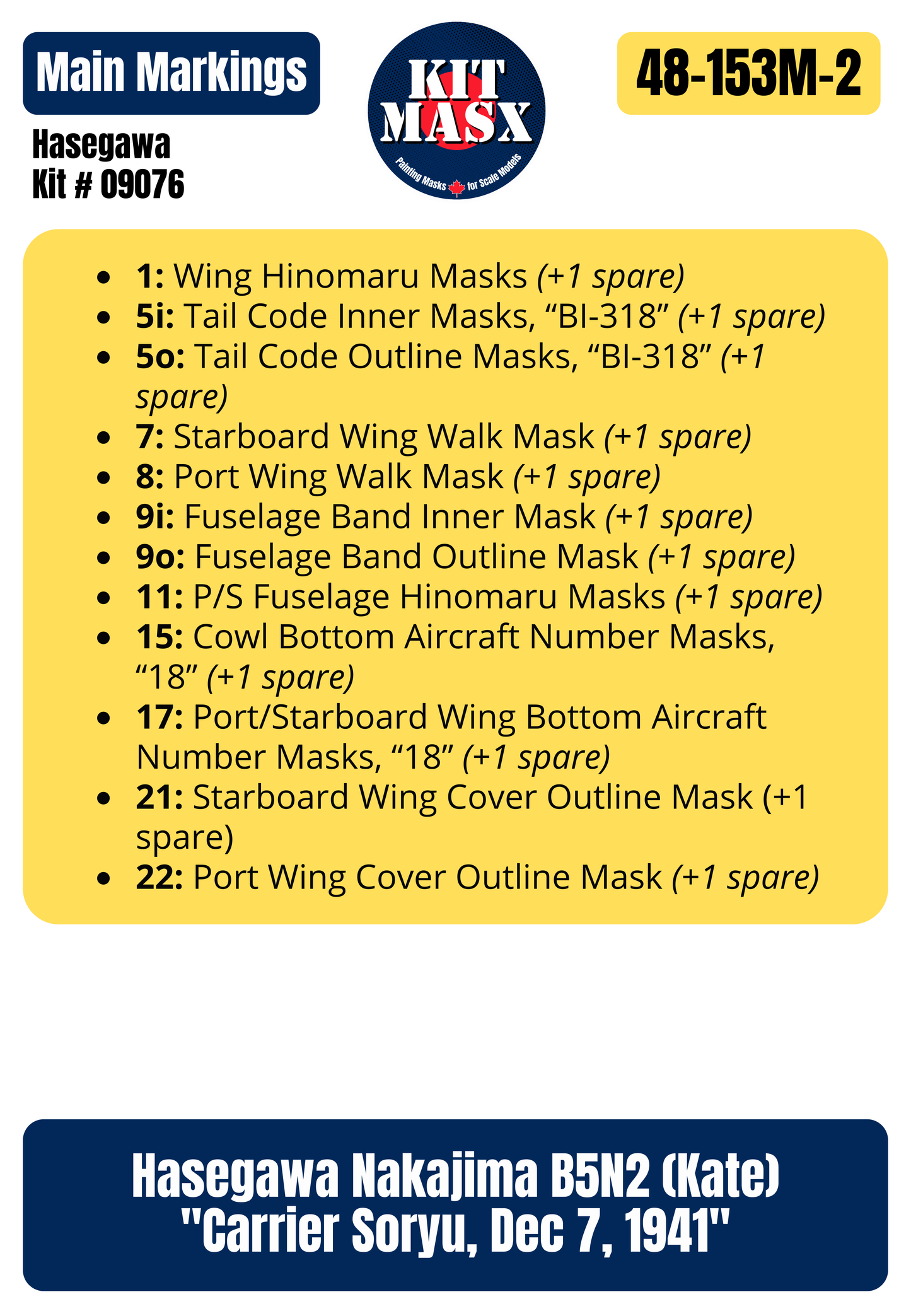 Hasegawa Nakajima B5N2 (Kate) "Carrier Soryu, Dec 7, 1941" 1/48 Main Marking Paint Masks, Kit # 09076