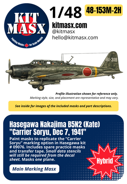 Hasegawa Nakajima B5N2 (Kate) "Carrier Soryu, Dec 7, 1941" 1/48 Main Marking Paint Masks, Kit # 09076