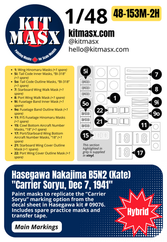 Hasegawa Nakajima B5N2 (Kate) "Carrier Soryu, Dec 7, 1941" 1/48 Main Marking Paint Masks, Kit # 09076