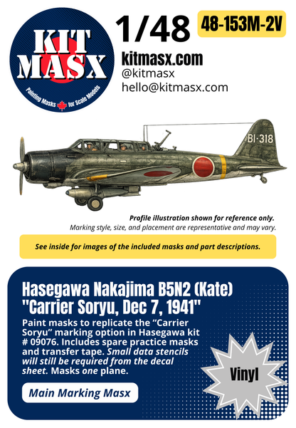 Hasegawa Nakajima B5N2 (Kate) "Carrier Soryu, Dec 7, 1941" 1/48 Main Marking Paint Masks, Kit # 09076