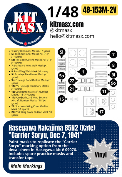 Hasegawa Nakajima B5N2 (Kate) "Carrier Soryu, Dec 7, 1941" 1/48 Main Marking Paint Masks, Kit # 09076