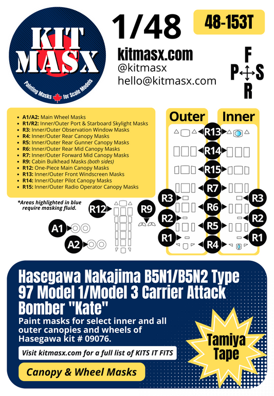 Hasegawa Nakajima B5N1/B5N2 Type 97 Model 1/Model 3 Carrier Attack Bomber "Kate" 1/48 Canopy & Wheel Paint Masks, Kit # 09076