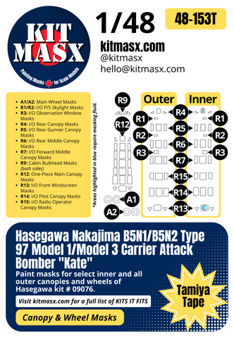 Hasegawa Nakajima B5N1/B5N2 Type 97 Model 1/Model 3 Carrier Attack Bomber "Kate" 1/48 Canopy & Wheel Paint Masks, Kit # 09076