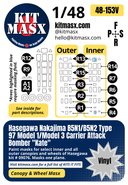 Hasegawa Nakajima B5N1/B5N2 Type 97 Model 1/Model 3 Carrier Attack Bomber "Kate" 1/48 Canopy & Wheel Paint Masks, Kit # 09076 (48153)