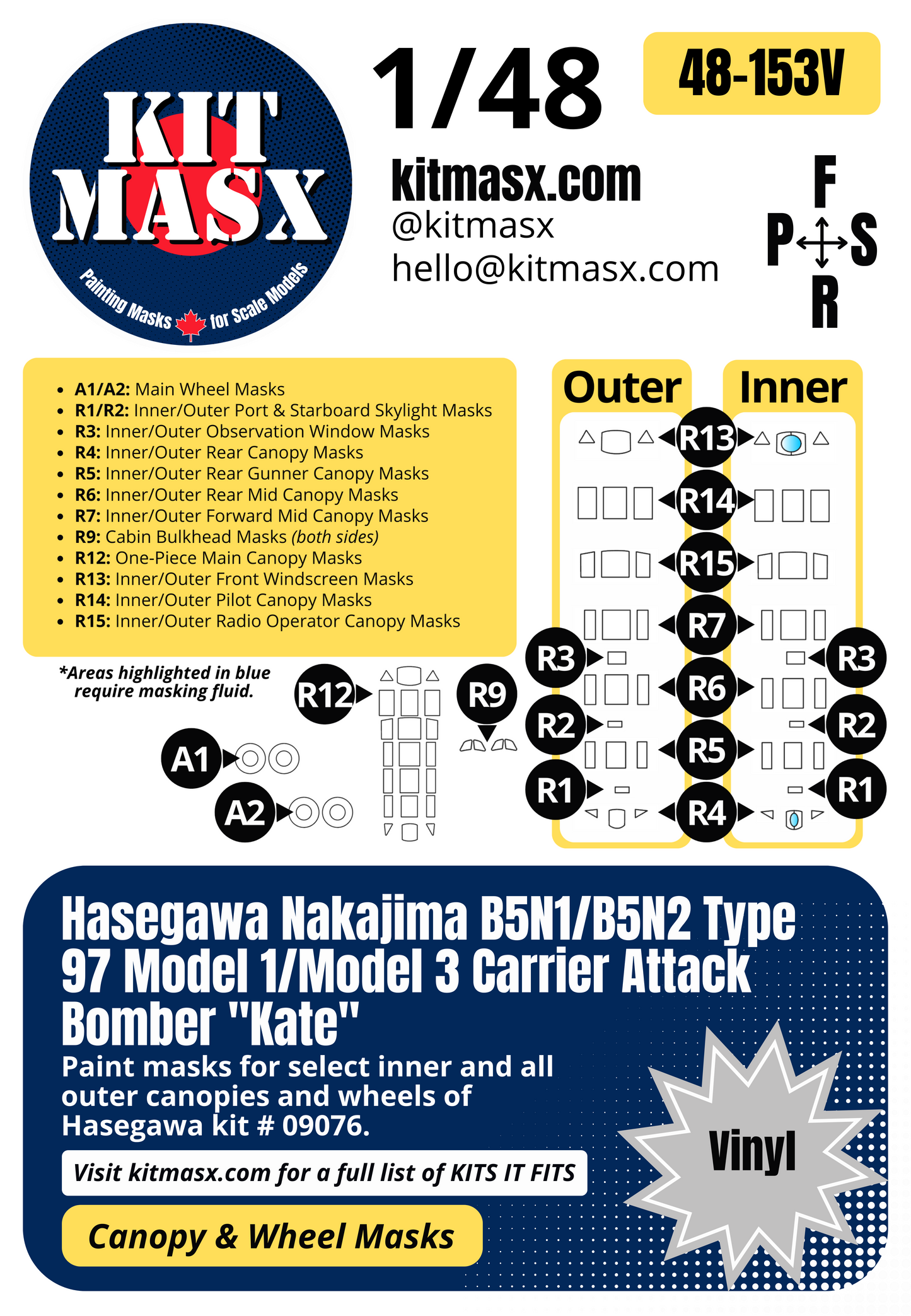 Hasegawa Nakajima B5N1/B5N2 Type 97 Model 1/Model 3 Carrier Attack Bomber "Kate" 1/48 Canopy & Wheel Paint Masks, Kit # 09076