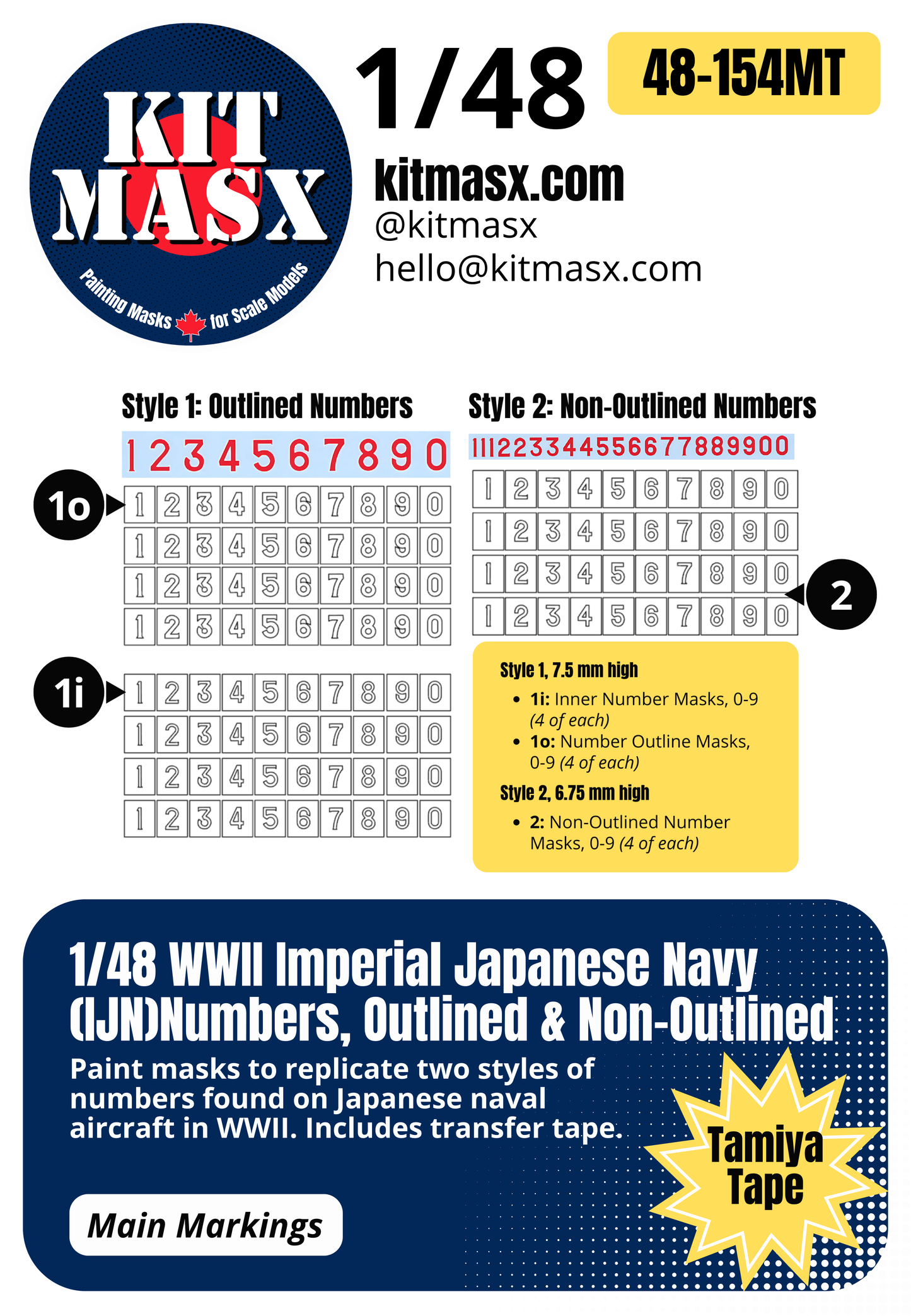 WWII Imperial Japanese Navy (IJN) Numbers, Outlined & Non-Outlined 1/48 Main Marking Paint Masks