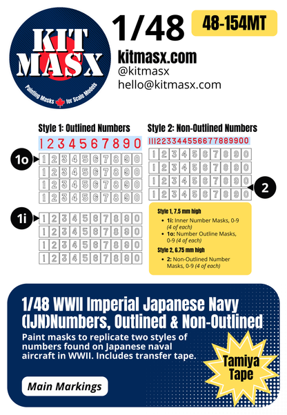 WWII Imperial Japanese Navy (IJN) Numbers, Outlined & Non-Outlined 1/48 Main Marking Paint Masks