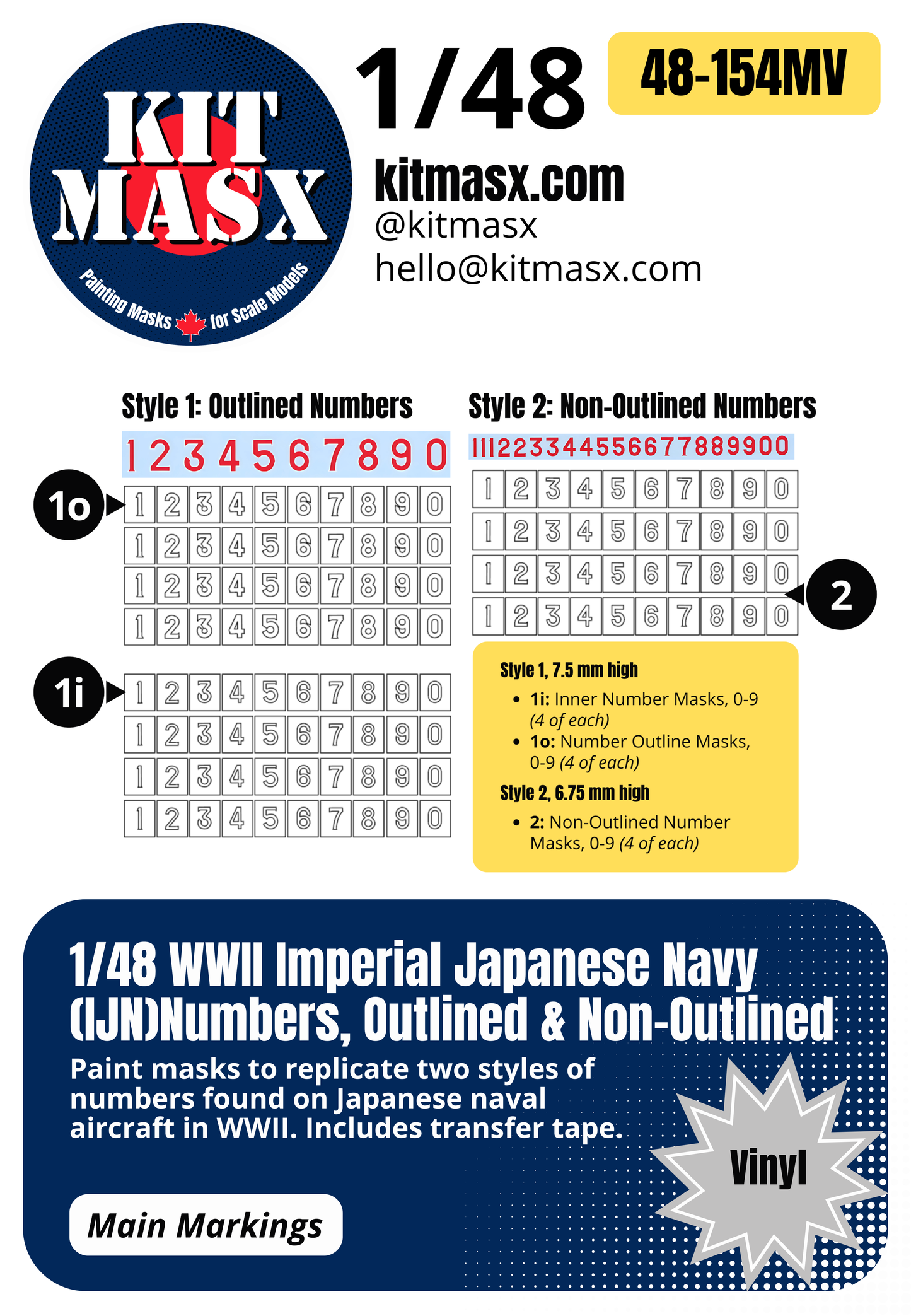 WWII Imperial Japanese Navy (IJN) Numbers, Outlined & Non-Outlined 1/48 Main Marking Paint Masks