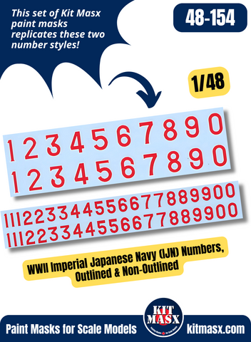 WWII Imperial Japanese Navy (IJN) Numbers, Outlined & Non-Outlined 1/48 Main Marking Paint Masks