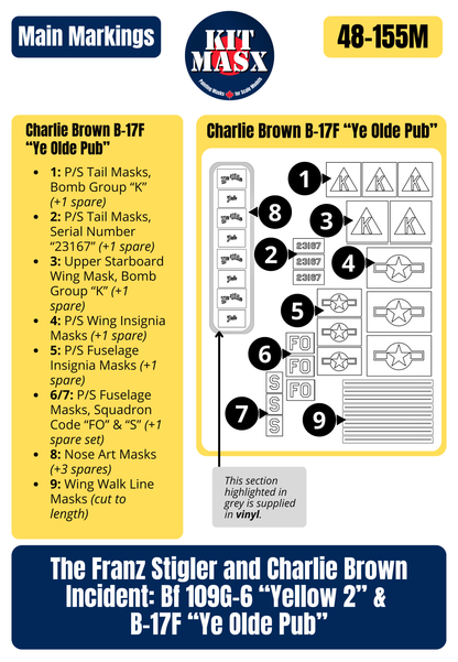 The Franz Stigler and Charlie Brown Incident: Bf 109G-6 “Yellow 2” & B-17F “Ye Olde Pub” 1/48 Main Marking Paint Masks