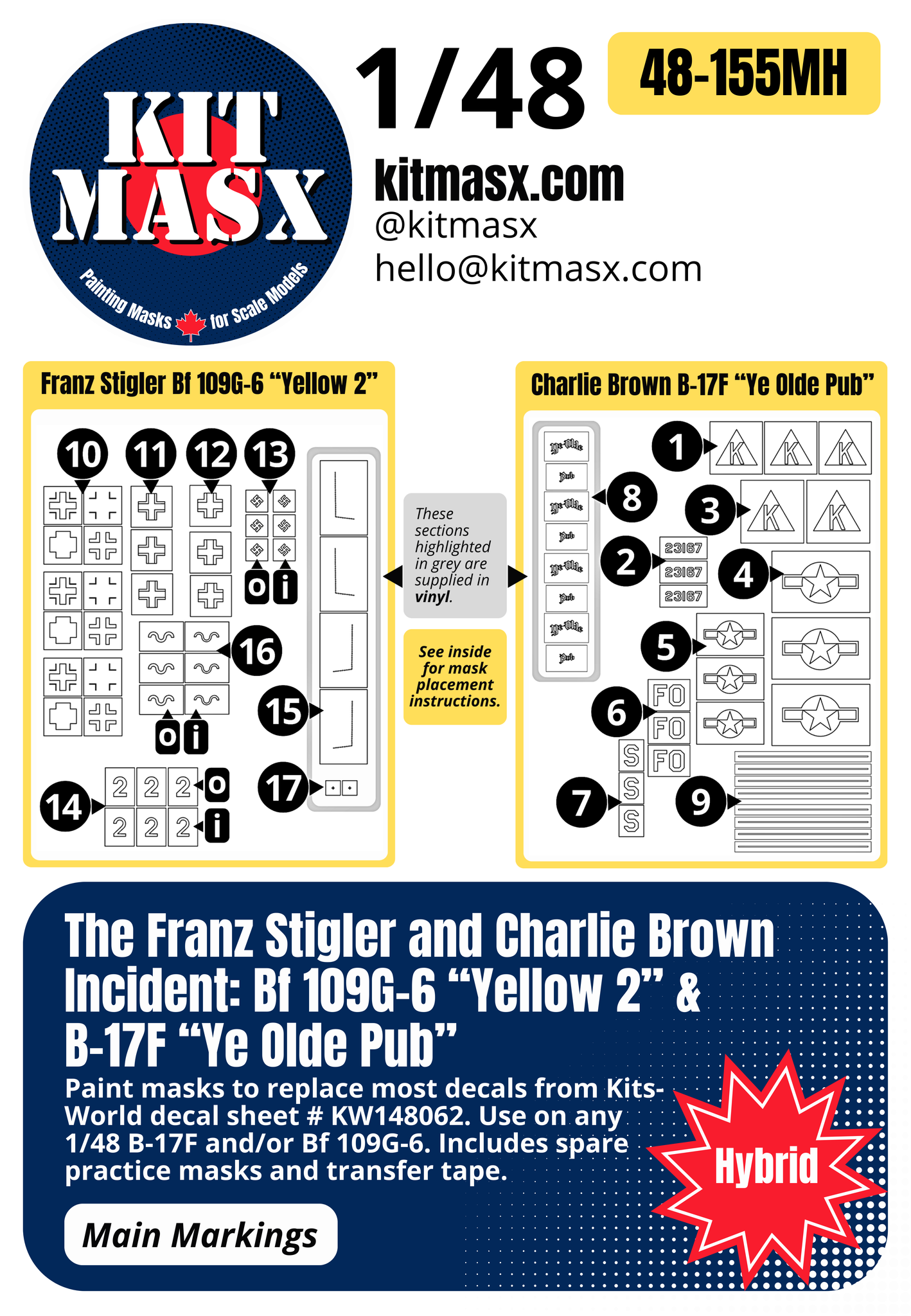 The Franz Stigler and Charlie Brown Incident: Bf 109G-6 “Yellow 2” & B-17F “Ye Olde Pub” 1/48 Main Marking Paint Masks, Decal Sheet # KW148062