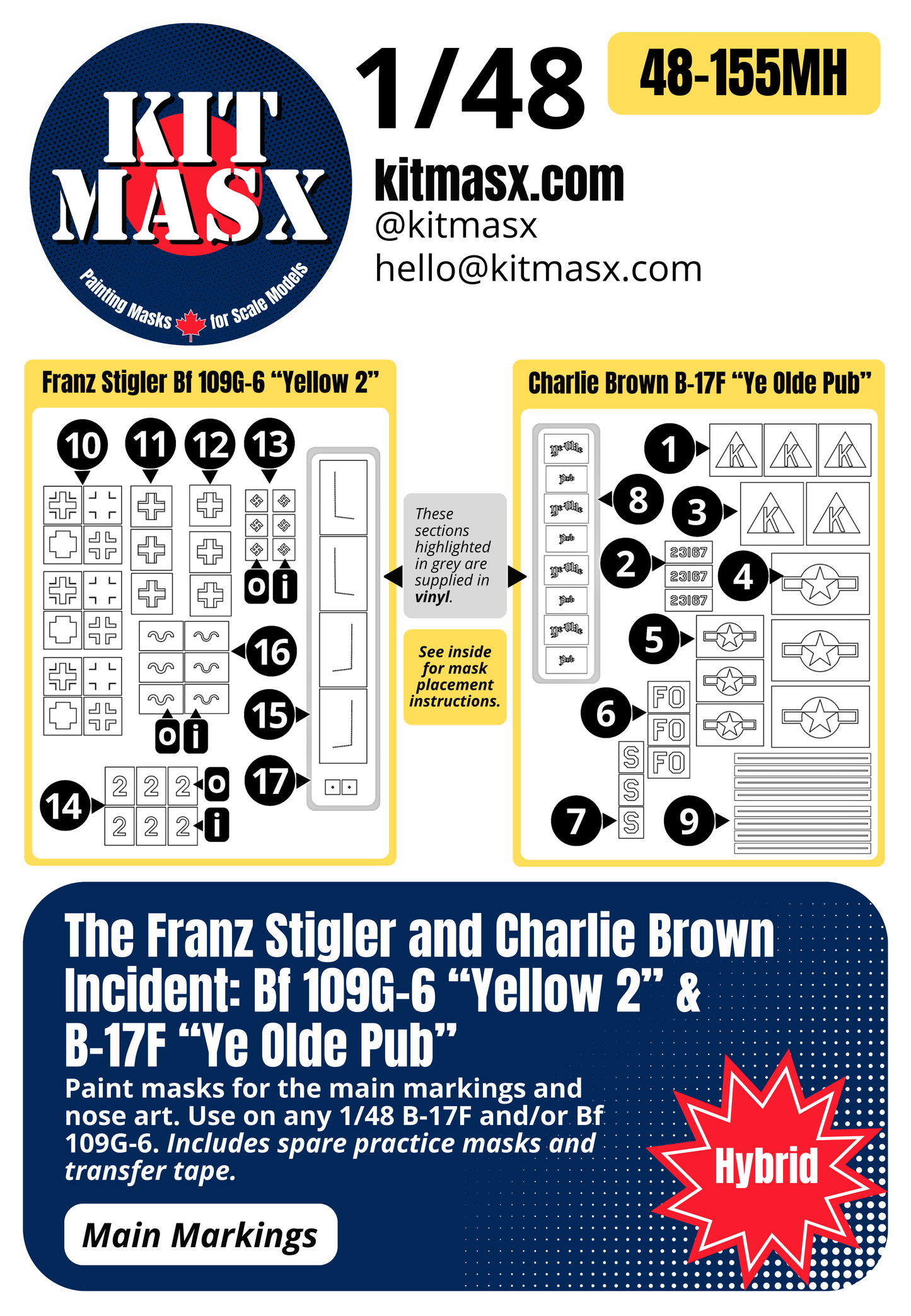 The Franz Stigler and Charlie Brown Incident: Bf 109G-6 “Yellow 2” & B-17F “Ye Olde Pub” 1/48 Main Marking Paint Masks