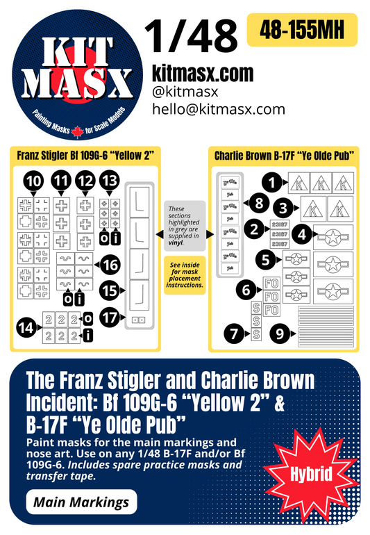 The Franz Stigler and Charlie Brown Incident: Bf 109G-6 “Yellow 2” & B-17F “Ye Olde Pub” 1/48 Main Marking Paint Masks
