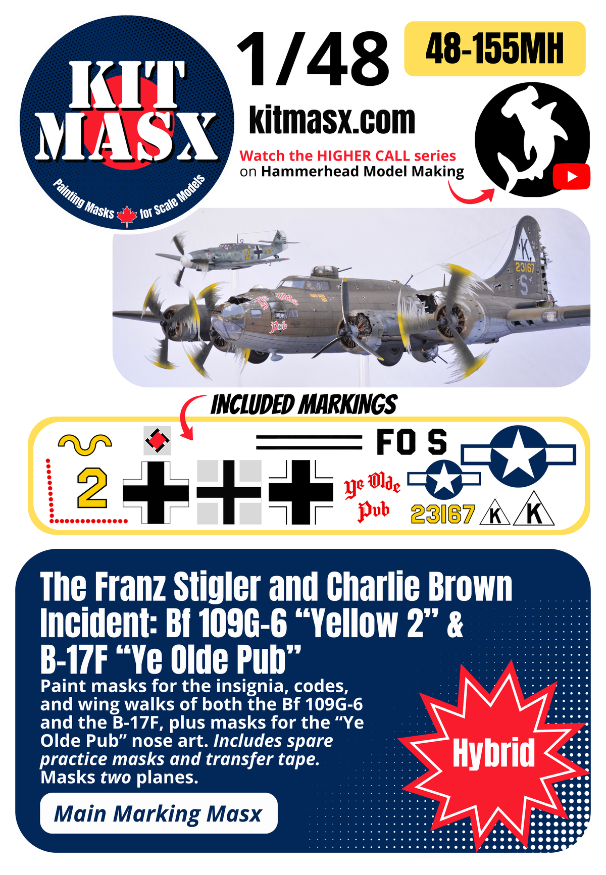 The Franz Stigler and Charlie Brown Incident: Bf 109G-6 “Yellow 2” & B-17F “Ye Olde Pub” 1/48 Main Marking Paint Masks (48155M)