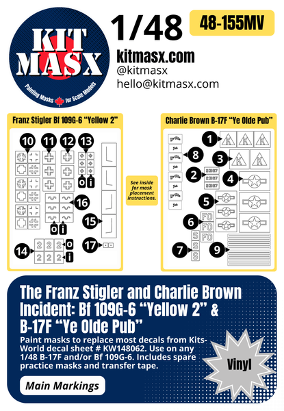 The Franz Stigler and Charlie Brown Incident: Bf 109G-6 “Yellow 2” & B-17F “Ye Olde Pub” 1/48 Main Marking Paint Masks, Decal Sheet # KW148062