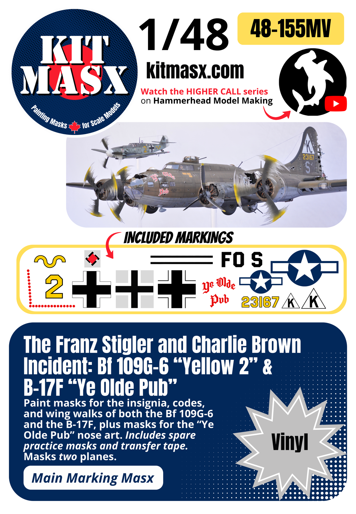 The Franz Stigler and Charlie Brown Incident: Bf 109G-6 “Yellow 2” & B-17F “Ye Olde Pub” 1/48 Main Marking Paint Masks (48155M)