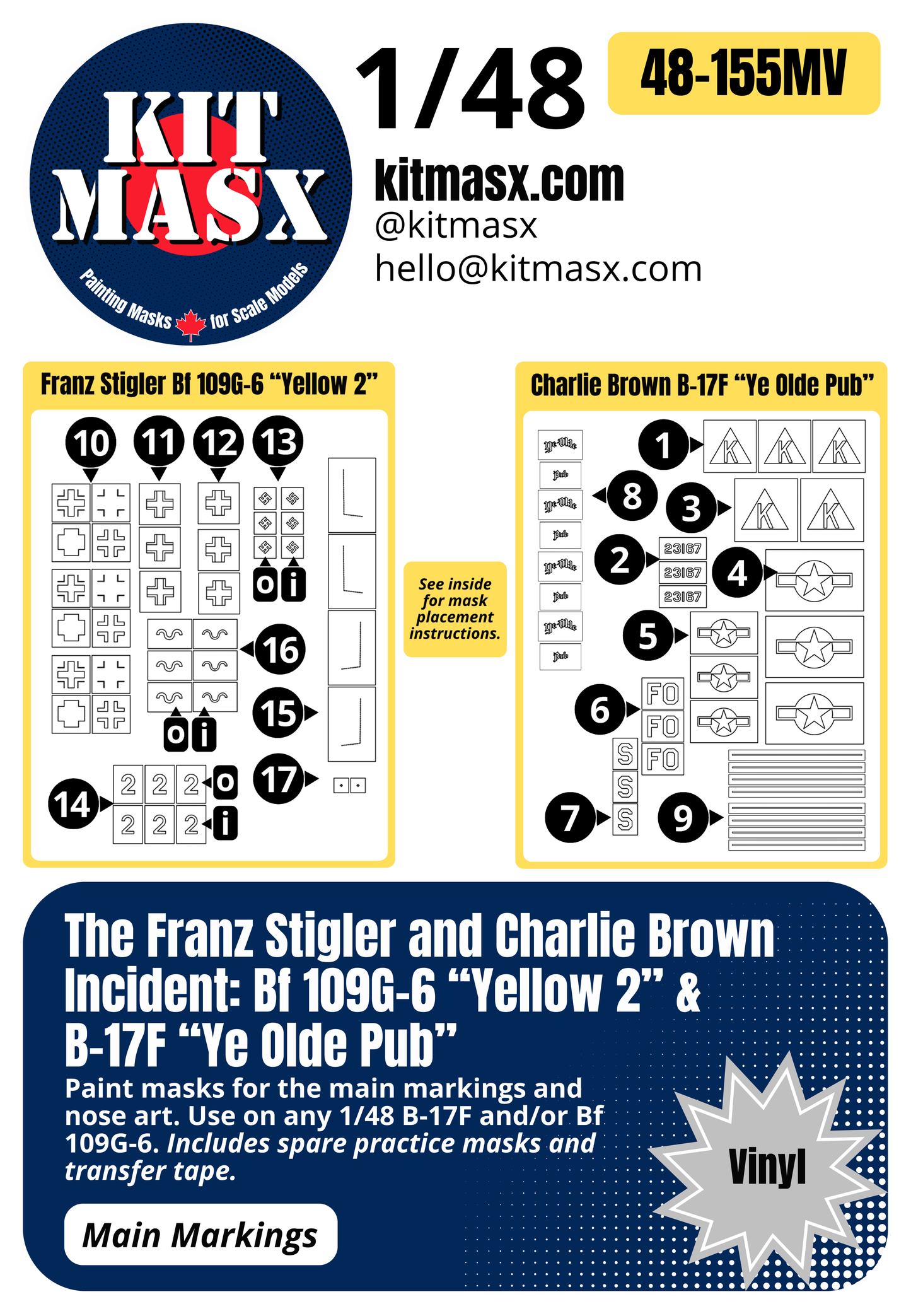 The Franz Stigler and Charlie Brown Incident: Bf 109G-6 “Yellow 2” & B-17F “Ye Olde Pub” 1/48 Main Marking Paint Masks