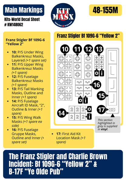 The Franz Stigler and Charlie Brown Incident: Bf 109G-6 “Yellow 2” & B-17F “Ye Olde Pub” 1/48 Main Marking Paint Masks, Decal Sheet # KW148062