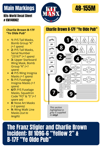 The Franz Stigler and Charlie Brown Incident: Bf 109G-6 “Yellow 2” & B-17F “Ye Olde Pub” 1/48 Main Marking Paint Masks, Decal Sheet # KW148062