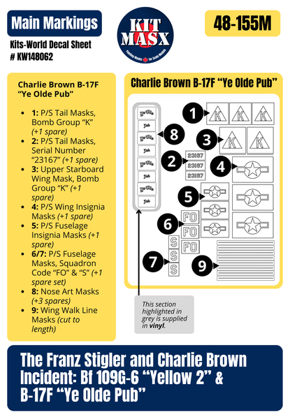 The Franz Stigler and Charlie Brown Incident: Bf 109G-6 “Yellow 2” & B-17F “Ye Olde Pub” 1/48 Main Marking Paint Masks, Decal Sheet # KW148062