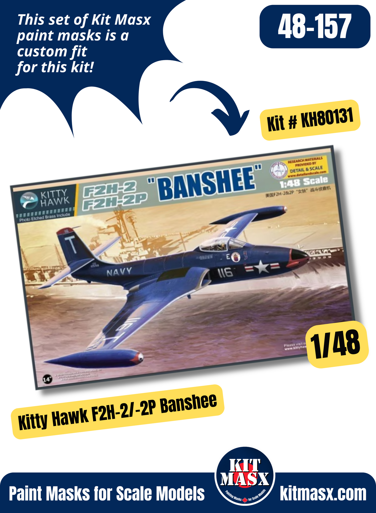 Kitty Hawk McDonnell F2H-2/-2P Banshee 1/48 Canopy Paint Masks, Kit # KH80131