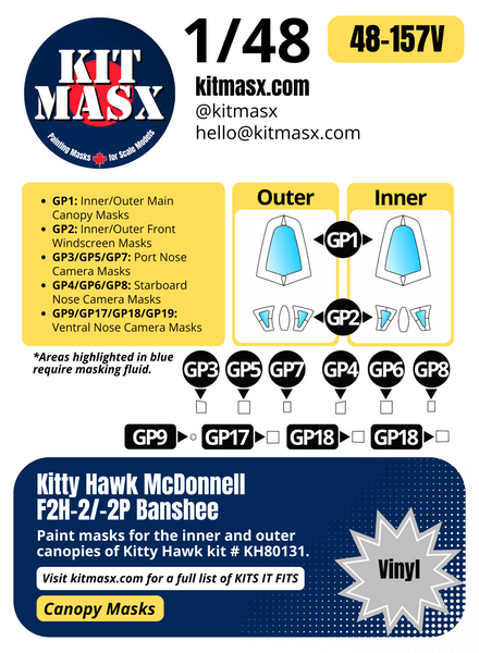 Kitty Hawk McDonnell F2H-2/-2P Banshee 1/48 Canopy Paint Masks, Kit # KH80131