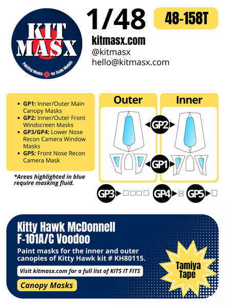 Kitty Hawk McDonnell F-101A/C Voodoo 1/48 Canopy Paint Masks, Kit # KH80115